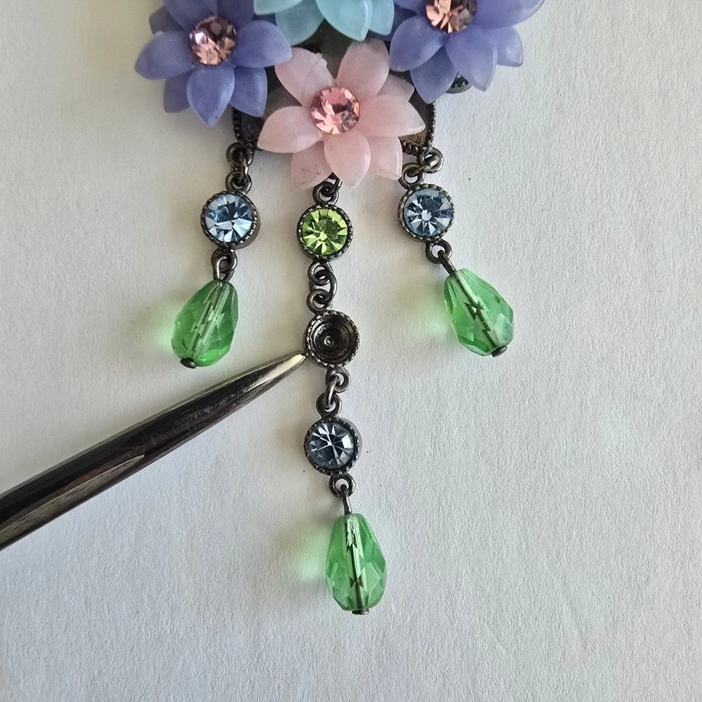 Floral Bib Necklace Earring Set Pastel Resin Flowers Gunmetal Rhinestone Jewelry